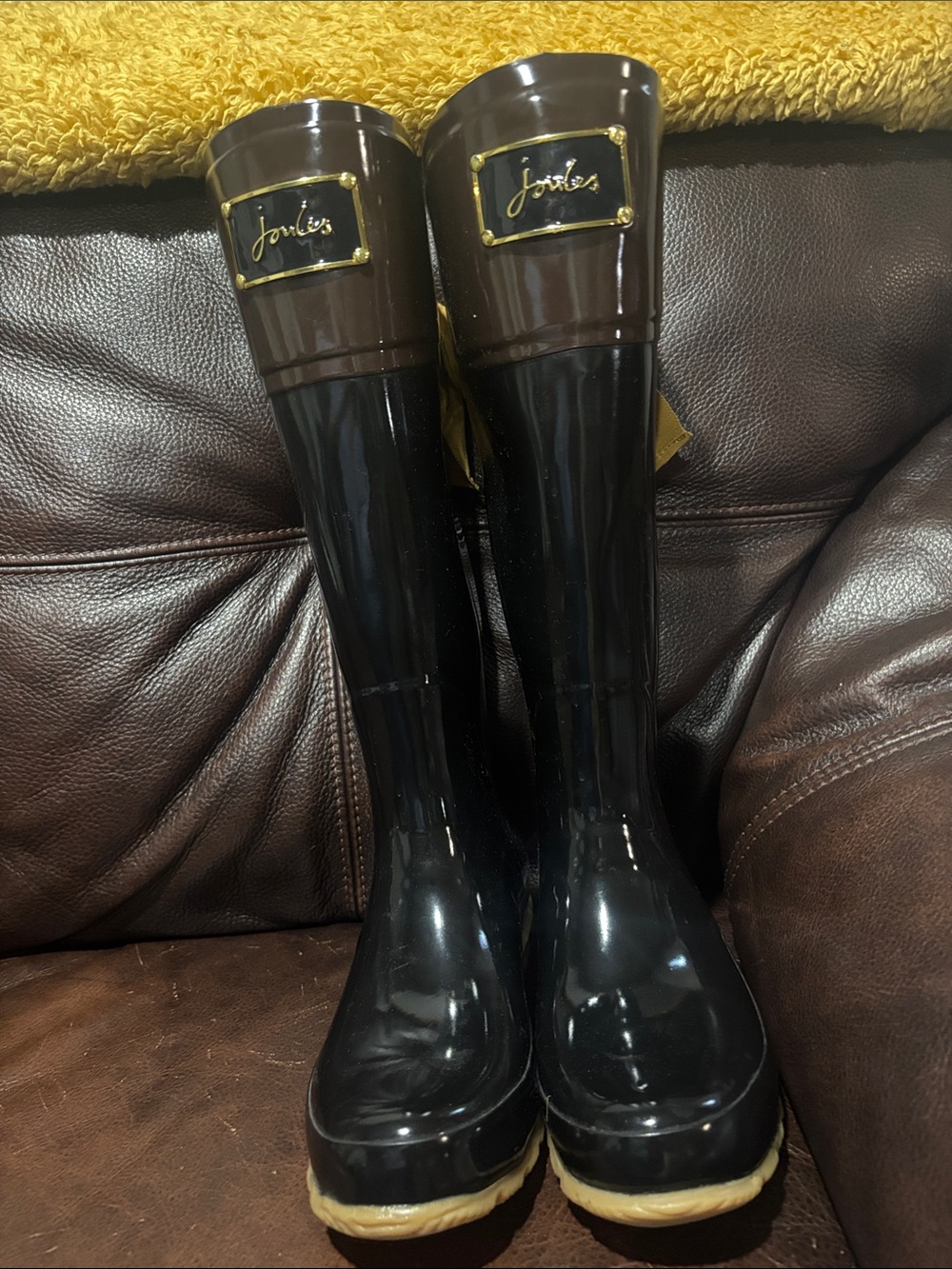 Joules Black and Brown Glossy Tall Rain Boots with Tan Trim - Picture 3 of 10